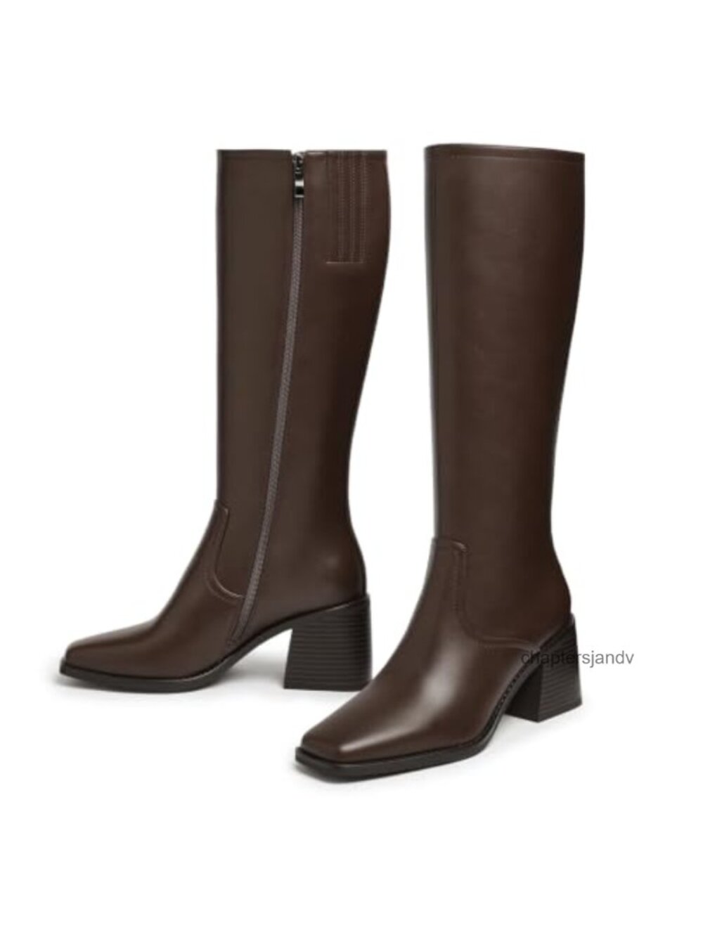Square Toe Knee High Boots Chunky Heel Faux Leather Tall Boots - Picture 4 of 6